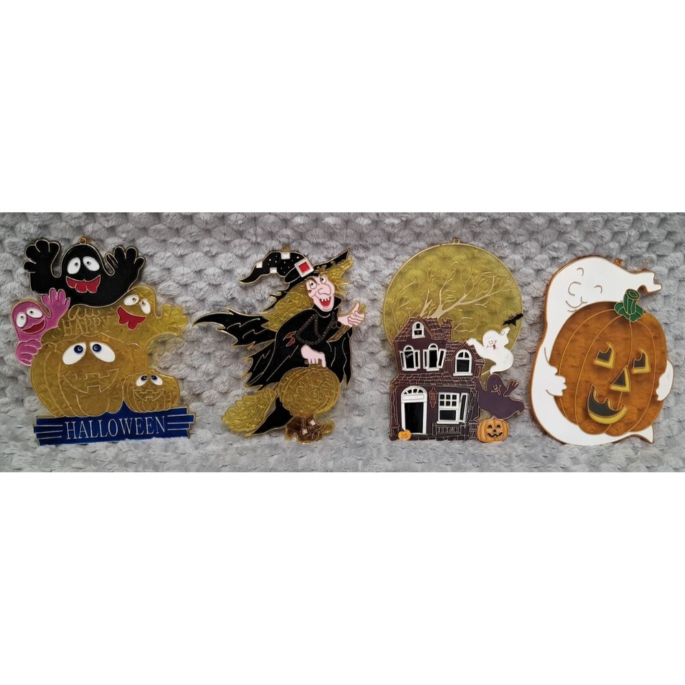 Lot 4 VTG 90's Pumpkin Time Halloween Suncatcher Ghosts Witch House Pumpkins